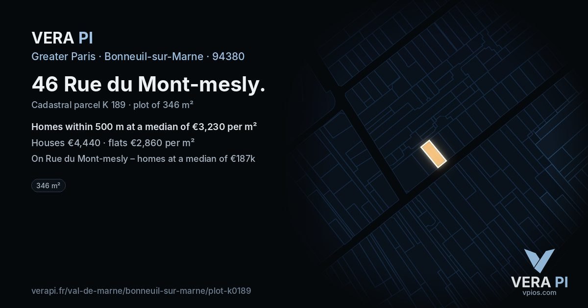 46 Rue du Mont-mesly, Bonneuil-sur-Marne at night – the plot lit, the parcels around coloured by the prices near them