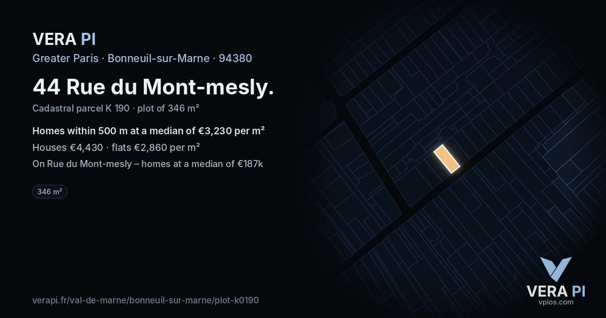 44 Rue du Mont-mesly, Bonneuil-sur-Marne at night – the plot lit, the parcels around coloured by the prices near them