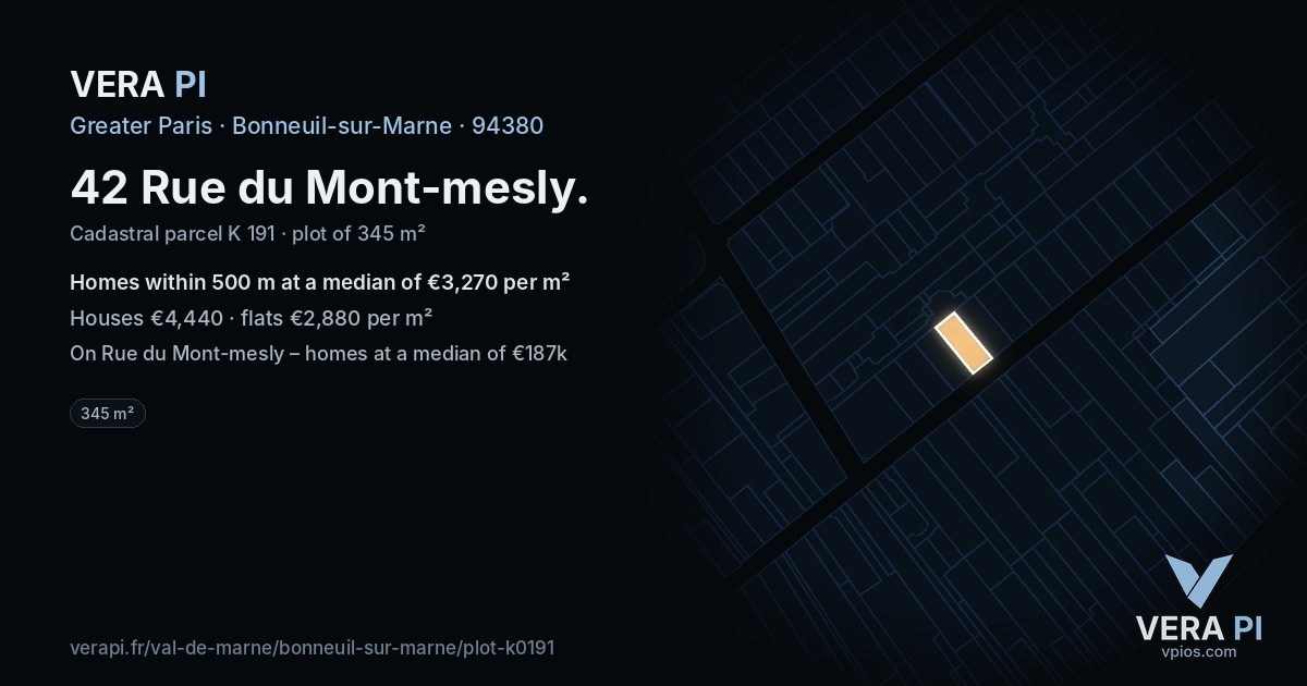 42 Rue du Mont-mesly, Bonneuil-sur-Marne at night – the plot lit, the parcels around coloured by the prices near them
