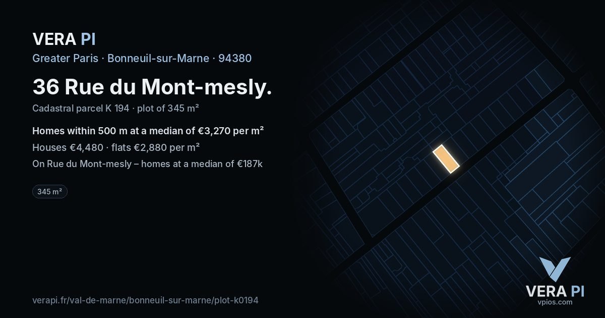 36 Rue du Mont-mesly, Bonneuil-sur-Marne at night – the plot lit, the parcels around coloured by the prices near them