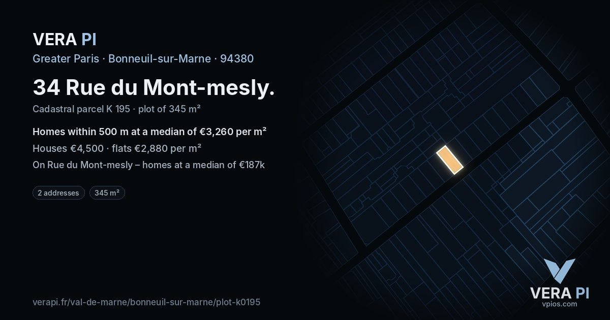 34 Rue du Mont-mesly, Bonneuil-sur-Marne at night – the plot lit, the parcels around coloured by the prices near them