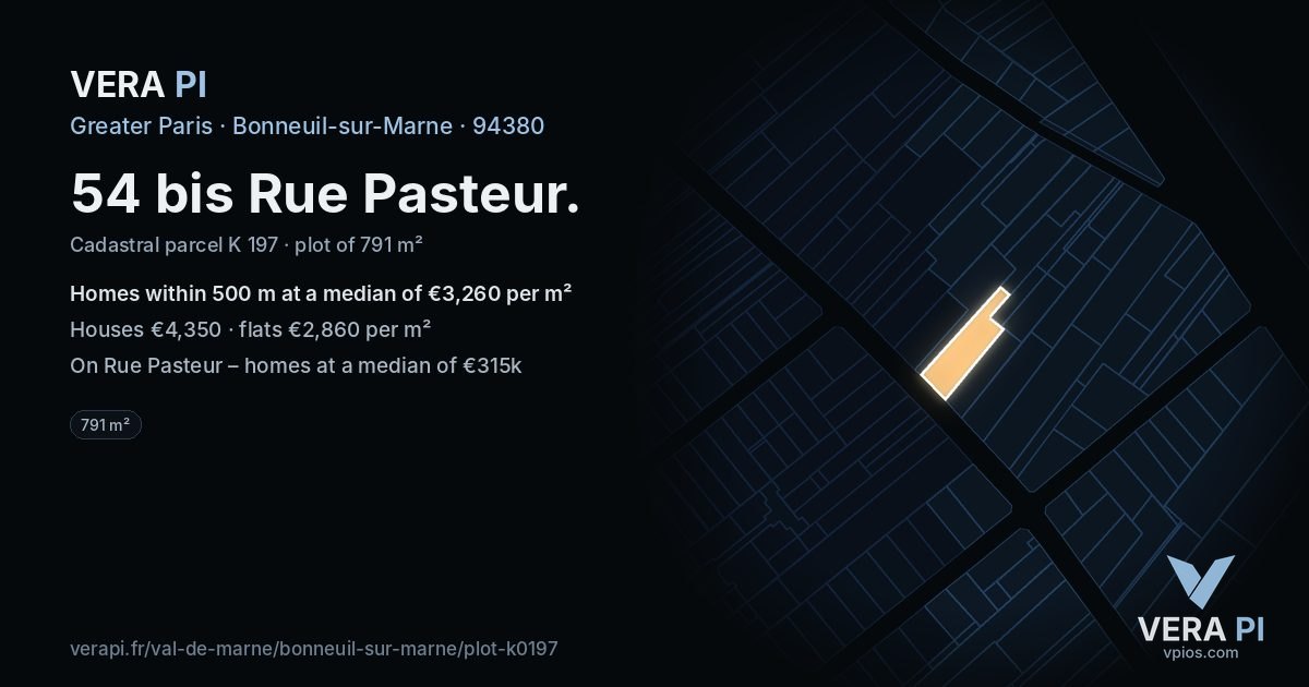 54 bis Rue Pasteur, Bonneuil-sur-Marne at night – the plot lit, the parcels around coloured by the prices near them
