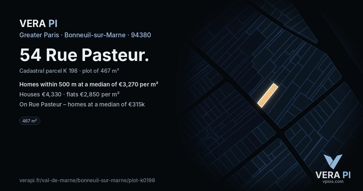 54 Rue Pasteur, Bonneuil-sur-Marne at night – the plot lit, the parcels around coloured by the prices near them