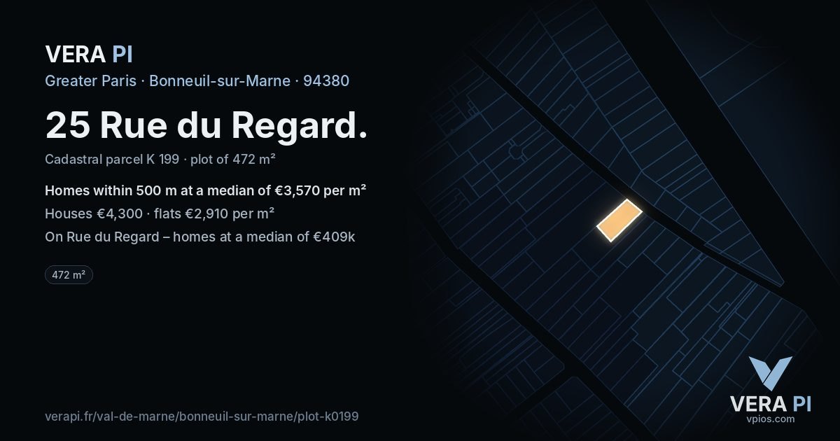 25 Rue du Regard, Bonneuil-sur-Marne at night – the plot lit, the parcels around coloured by the prices near them