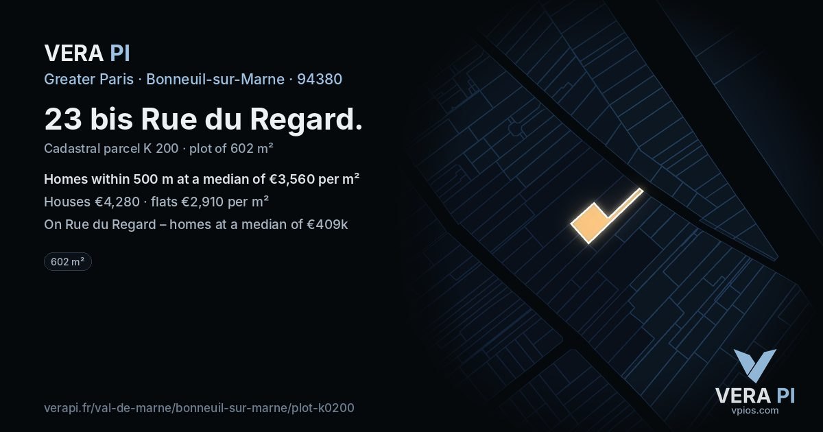 23 bis Rue du Regard, Bonneuil-sur-Marne at night – the plot lit, the parcels around coloured by the prices near them