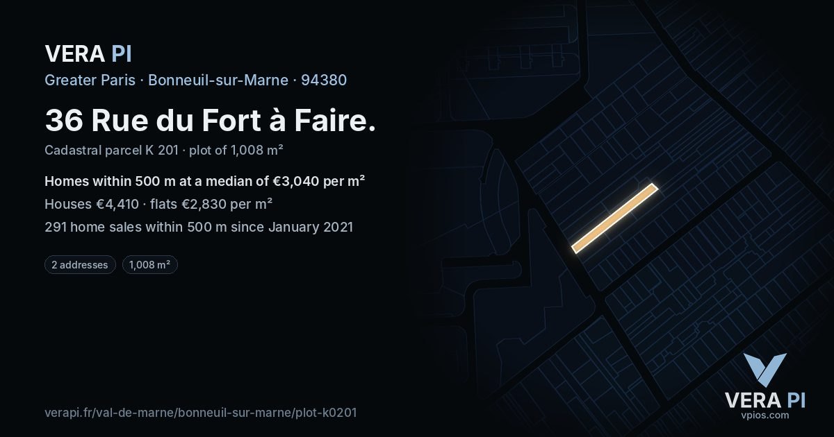 36 Rue du Fort à Faire, Bonneuil-sur-Marne at night – the plot lit, the parcels around coloured by the prices near them