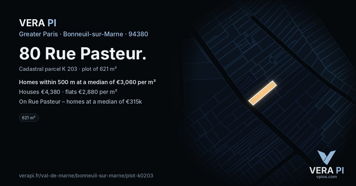 80 Rue Pasteur, Bonneuil-sur-Marne at night – the plot lit, the parcels around coloured by the prices near them