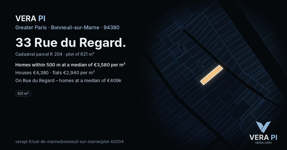 33 Rue du Regard, Bonneuil-sur-Marne at night – the plot lit, the parcels around coloured by the prices near them