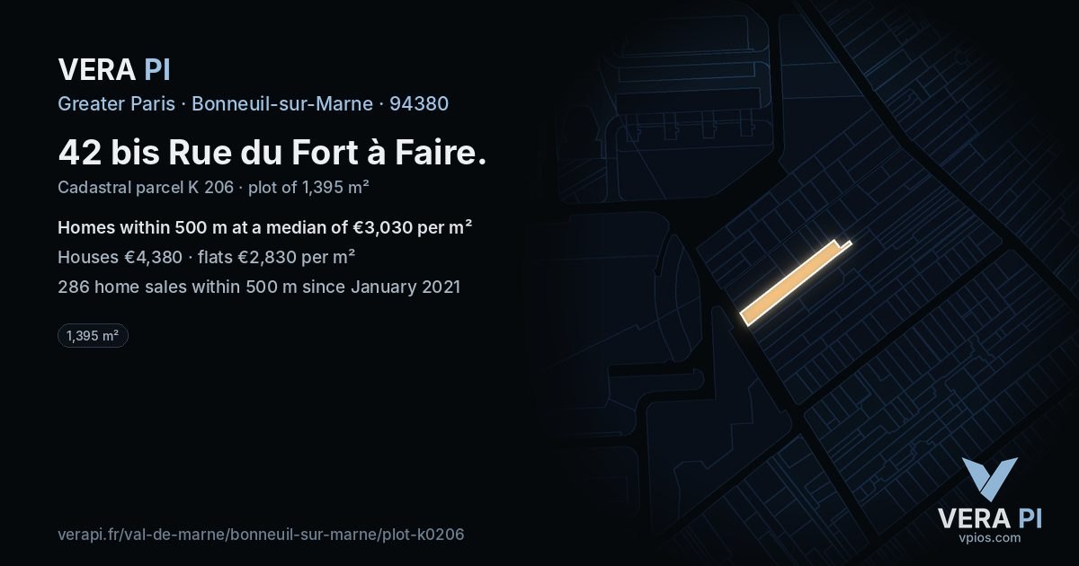 42 bis Rue du Fort à Faire, Bonneuil-sur-Marne at night – the plot lit, the parcels around coloured by the prices near them