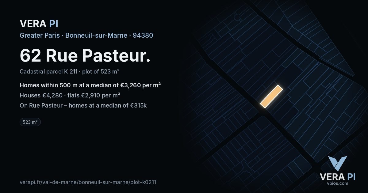 62 Rue Pasteur, Bonneuil-sur-Marne at night – the plot lit, the parcels around coloured by the prices near them