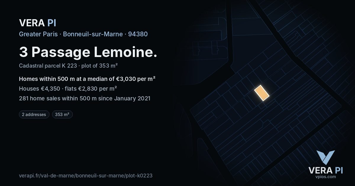 3 Passage Lemoine, Bonneuil-sur-Marne at night – the plot lit, the parcels around coloured by the prices near them