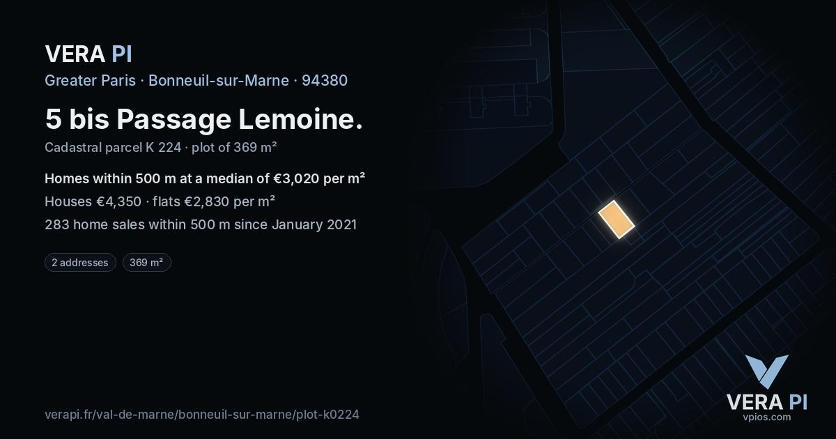 5 bis Passage Lemoine, Bonneuil-sur-Marne at night – the plot lit, the parcels around coloured by the prices near them