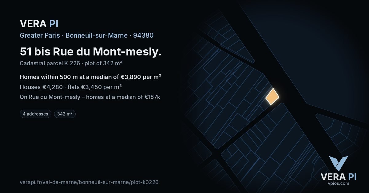 51 bis Rue du Mont-mesly, Bonneuil-sur-Marne at night – the plot lit, the parcels around coloured by the prices near them