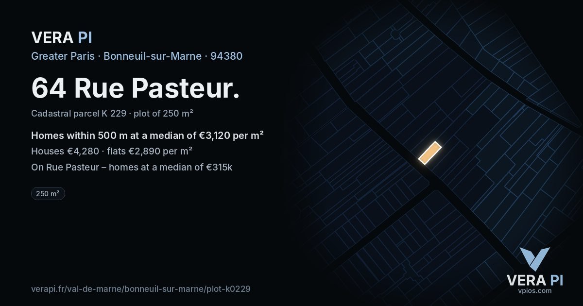 64 Rue Pasteur, Bonneuil-sur-Marne at night – the plot lit, the parcels around coloured by the prices near them