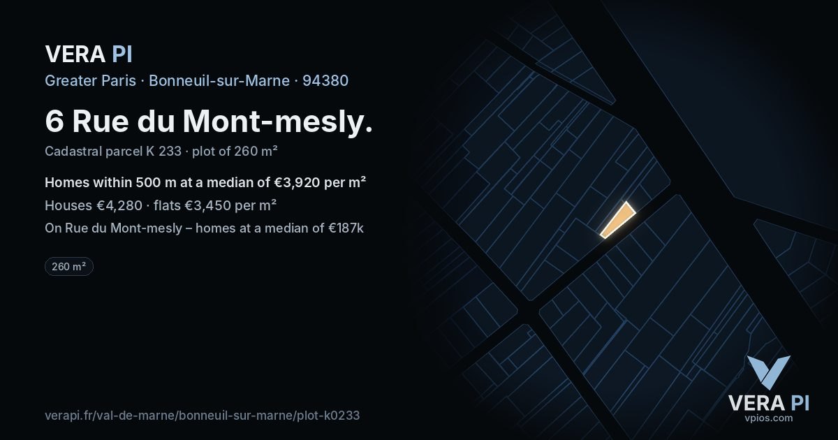 6 Rue du Mont-mesly, Bonneuil-sur-Marne at night – the plot lit, the parcels around coloured by the prices near them