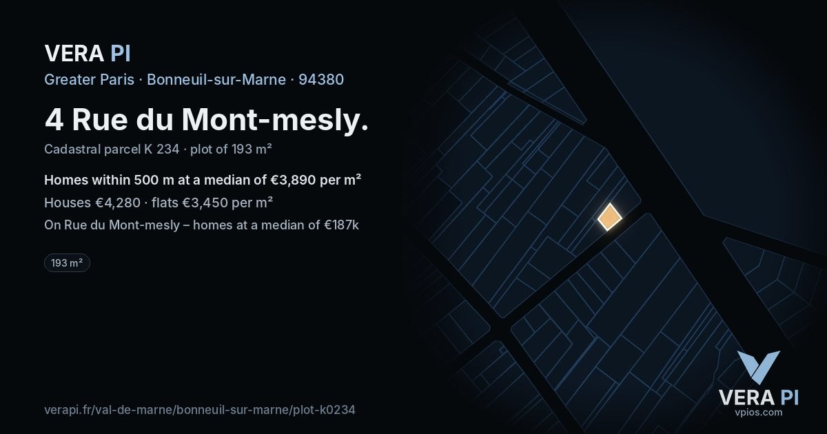4 Rue du Mont-mesly, Bonneuil-sur-Marne at night – the plot lit, the parcels around coloured by the prices near them