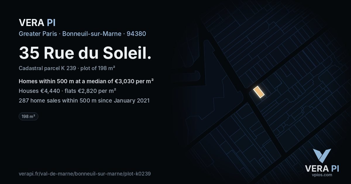 35 Rue du Soleil, Bonneuil-sur-Marne at night – the plot lit, the parcels around coloured by the prices near them