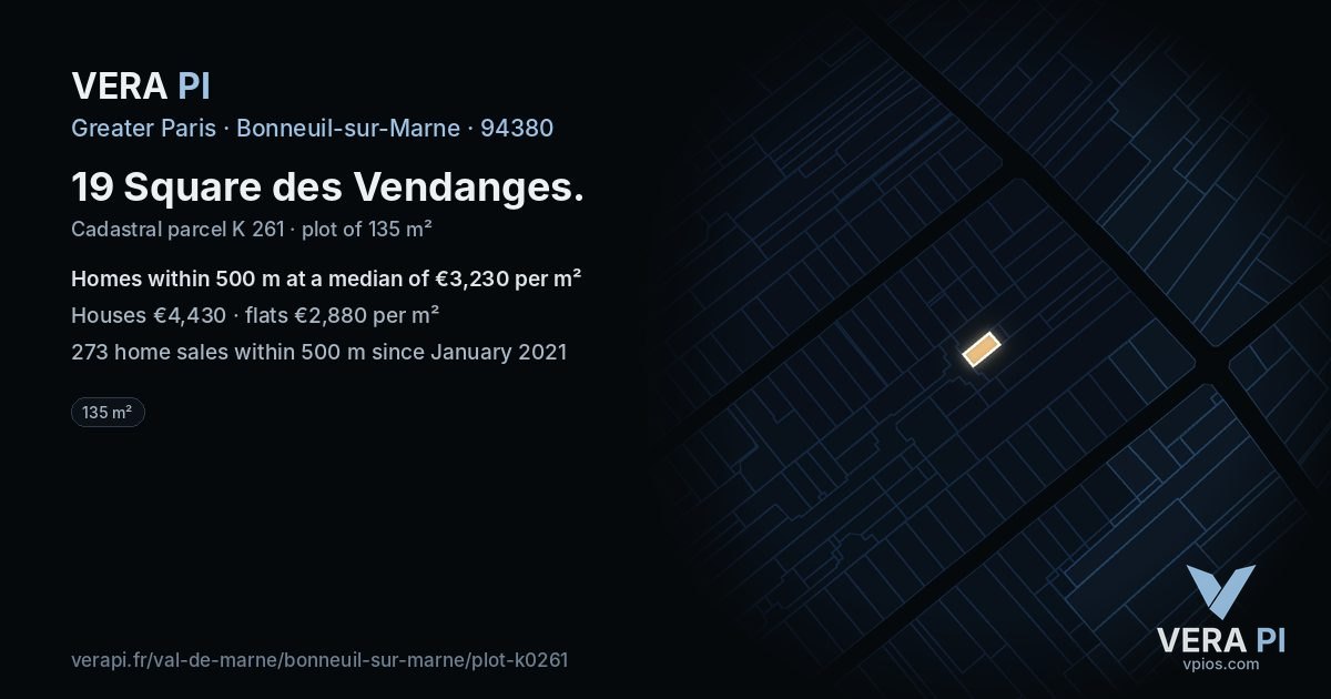 19 Square des Vendanges, Bonneuil-sur-Marne at night – the plot lit, the parcels around coloured by the prices near them