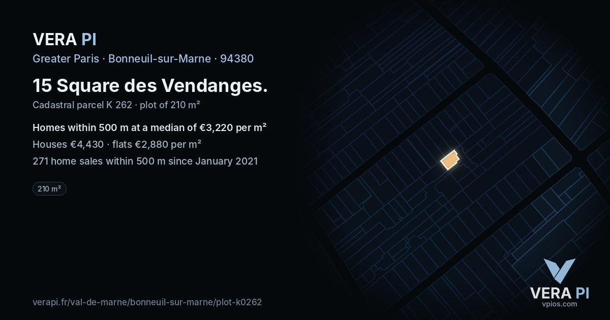 15 Square des Vendanges, Bonneuil-sur-Marne at night – the plot lit, the parcels around coloured by the prices near them
