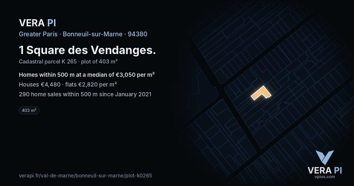 1 Square des Vendanges, Bonneuil-sur-Marne at night – the plot lit, the parcels around coloured by the prices near them