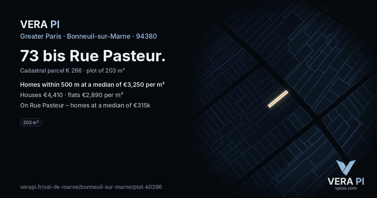 73 bis Rue Pasteur, Bonneuil-sur-Marne at night – the plot lit, the parcels around coloured by the prices near them
