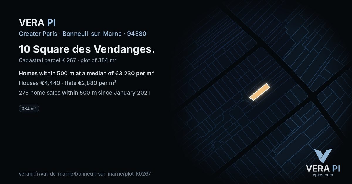 10 Square des Vendanges, Bonneuil-sur-Marne at night – the plot lit, the parcels around coloured by the prices near them