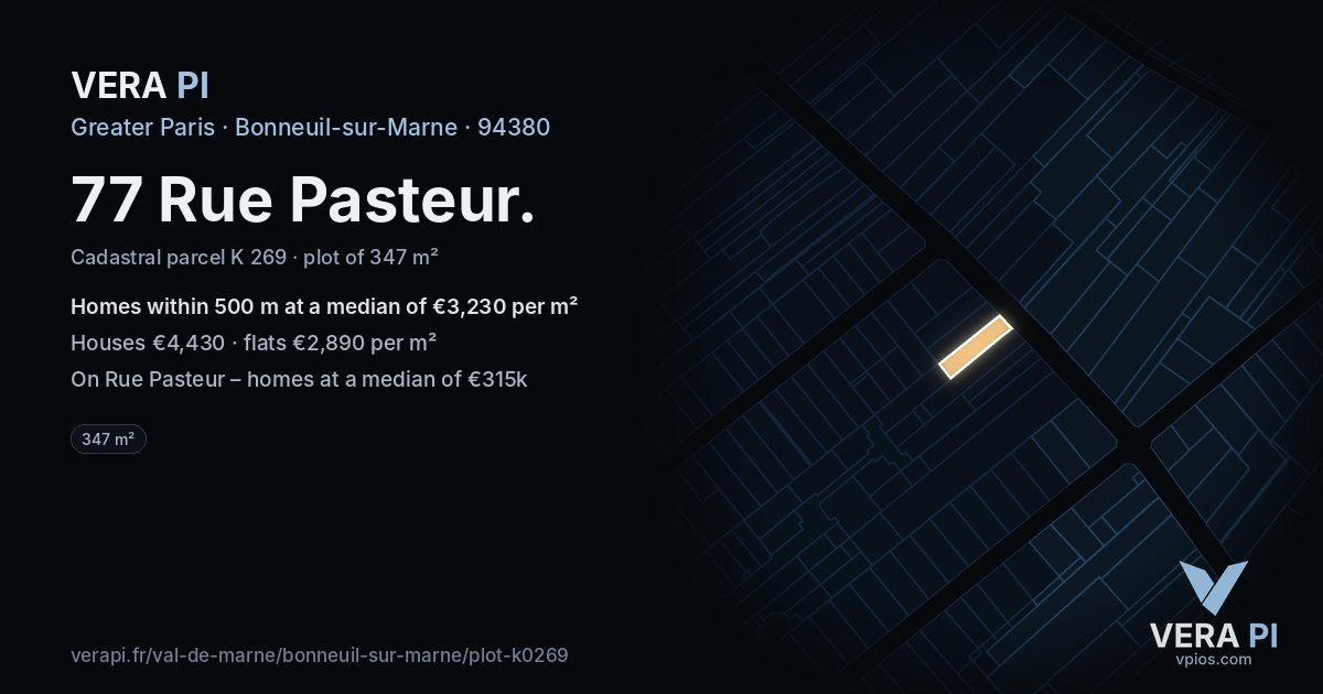 77 Rue Pasteur, Bonneuil-sur-Marne at night – the plot lit, the parcels around coloured by the prices near them