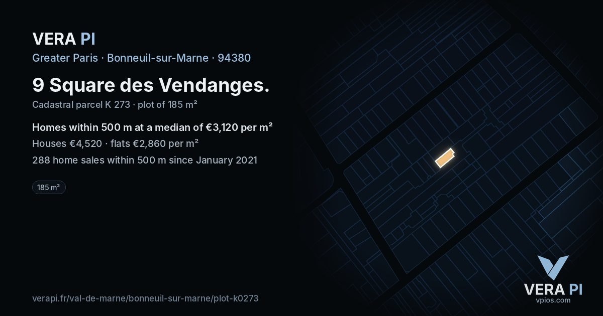 9 Square des Vendanges, Bonneuil-sur-Marne at night – the plot lit, the parcels around coloured by the prices near them