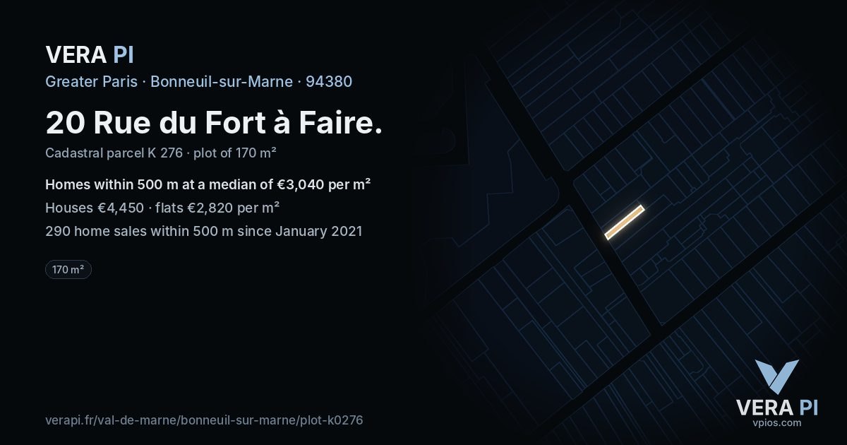20 Rue du Fort à Faire, Bonneuil-sur-Marne at night – the plot lit, the parcels around coloured by the prices near them
