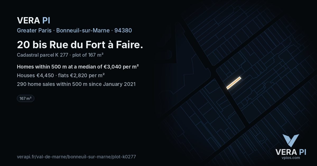 20 bis Rue du Fort à Faire, Bonneuil-sur-Marne at night – the plot lit, the parcels around coloured by the prices near them