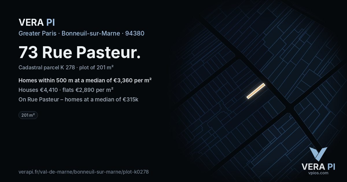 73 Rue Pasteur, Bonneuil-sur-Marne at night – the plot lit, the parcels around coloured by the prices near them
