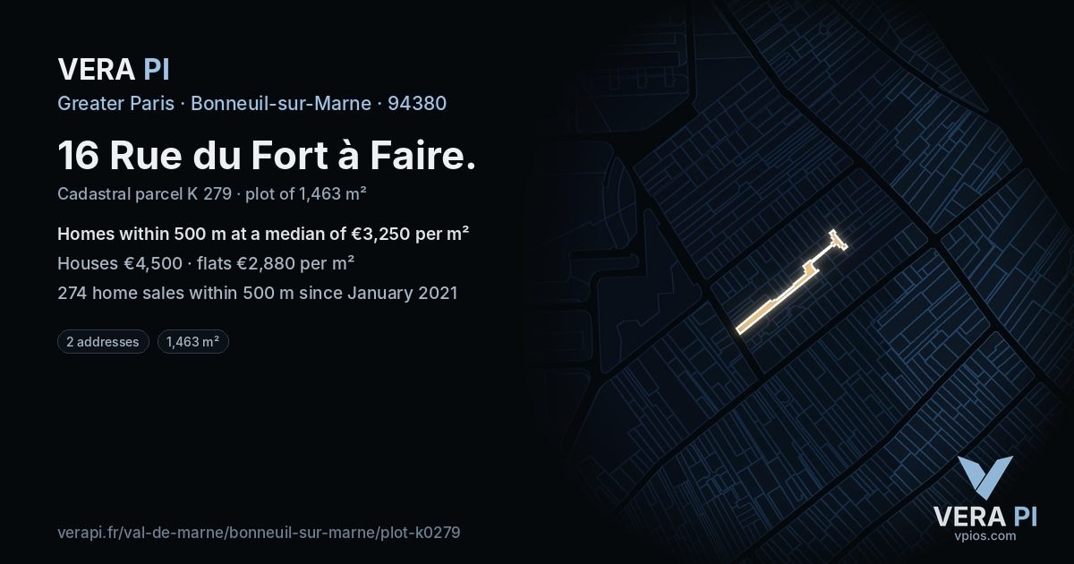 16 Rue du Fort à Faire, Bonneuil-sur-Marne at night – the plot lit, the parcels around coloured by the prices near them