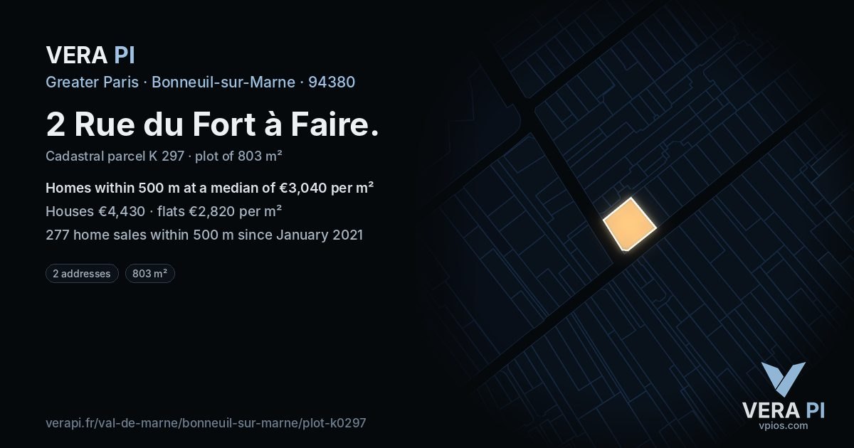 2 Rue du Fort à Faire, Bonneuil-sur-Marne at night – the plot lit, the parcels around coloured by the prices near them
