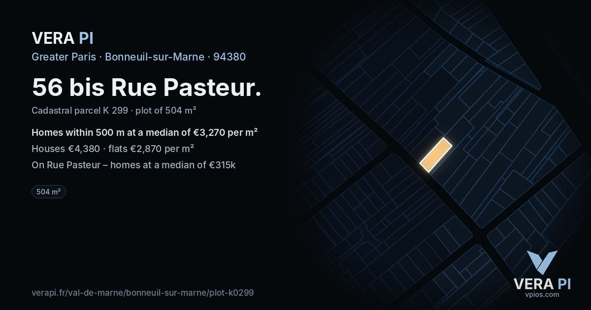 56 bis Rue Pasteur, Bonneuil-sur-Marne at night – the plot lit, the parcels around coloured by the prices near them