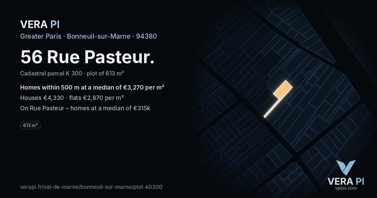 56 Rue Pasteur, Bonneuil-sur-Marne at night – the plot lit, the parcels around coloured by the prices near them