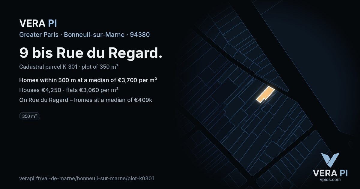 9 bis Rue du Regard, Bonneuil-sur-Marne at night – the plot lit, the parcels around coloured by the prices near them