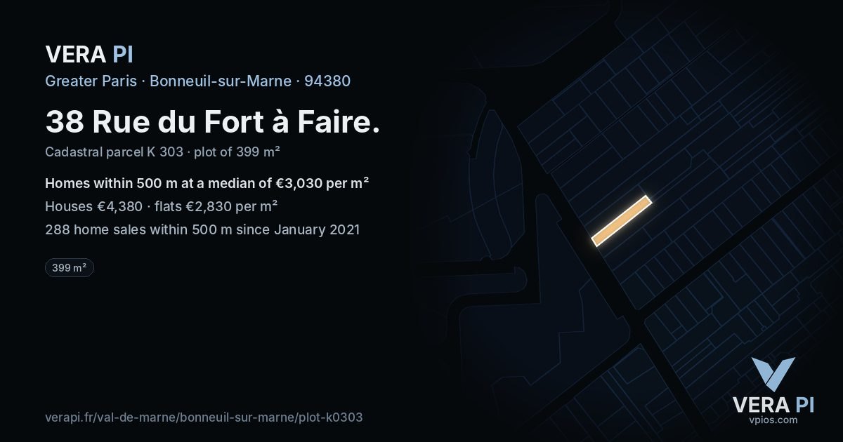 38 Rue du Fort à Faire, Bonneuil-sur-Marne at night – the plot lit, the parcels around coloured by the prices near them