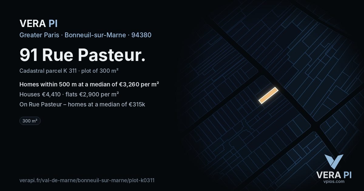 91 Rue Pasteur, Bonneuil-sur-Marne at night – the plot lit, the parcels around coloured by the prices near them