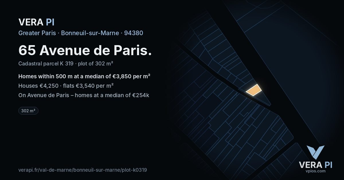 65 Avenue de Paris, Bonneuil-sur-Marne at night – the plot lit, the parcels around coloured by the prices near them