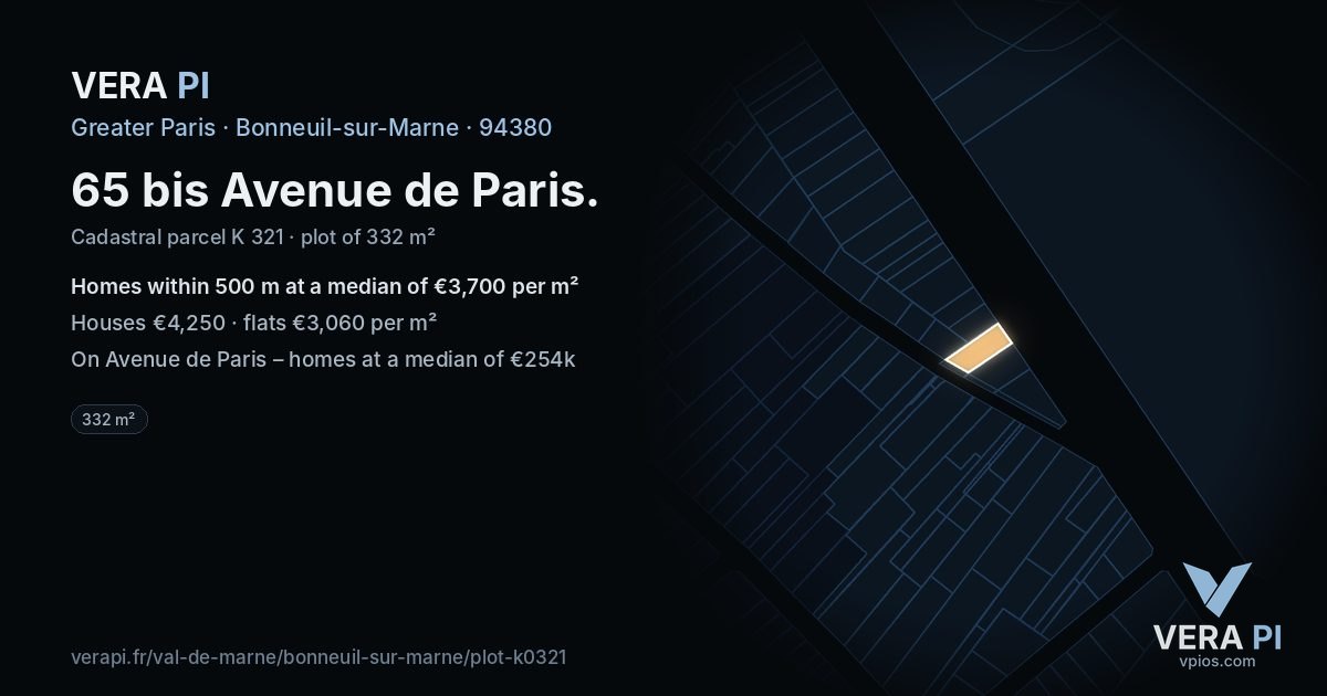 65 bis Avenue de Paris, Bonneuil-sur-Marne at night – the plot lit, the parcels around coloured by the prices near them