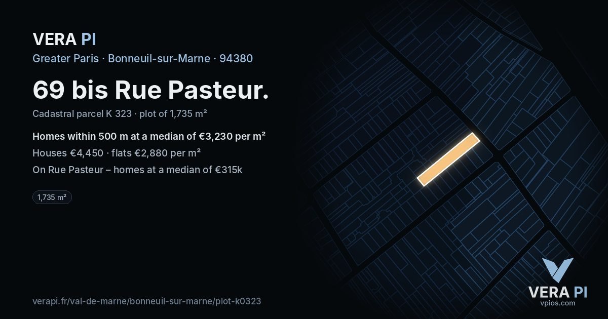 69 bis Rue Pasteur, Bonneuil-sur-Marne at night – the plot lit, the parcels around coloured by the prices near them