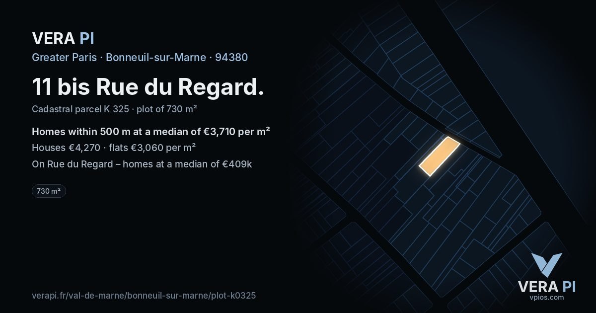 11 bis Rue du Regard, Bonneuil-sur-Marne at night – the plot lit, the parcels around coloured by the prices near them