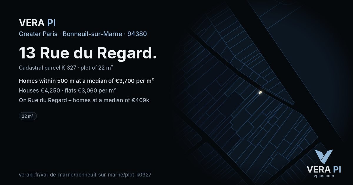 13 Rue du Regard, Bonneuil-sur-Marne at night – the plot lit, the parcels around coloured by the prices near them