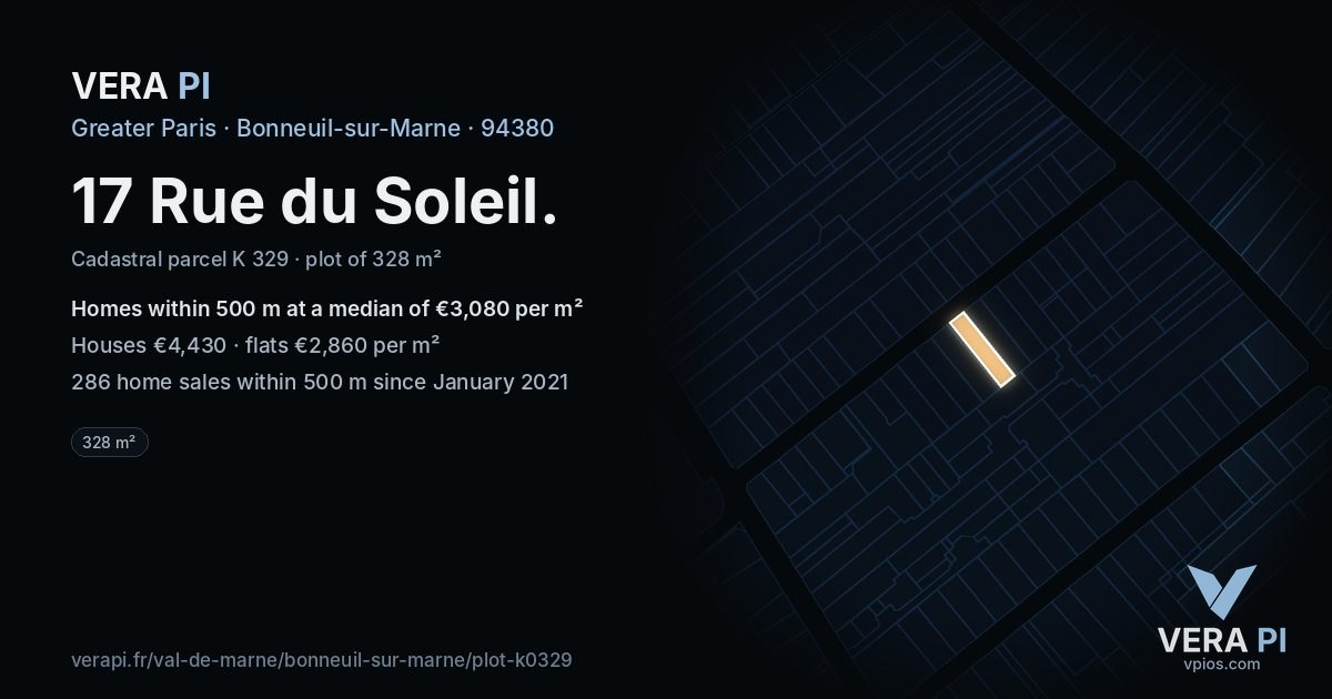 17 Rue du Soleil, Bonneuil-sur-Marne at night – the plot lit, the parcels around coloured by the prices near them