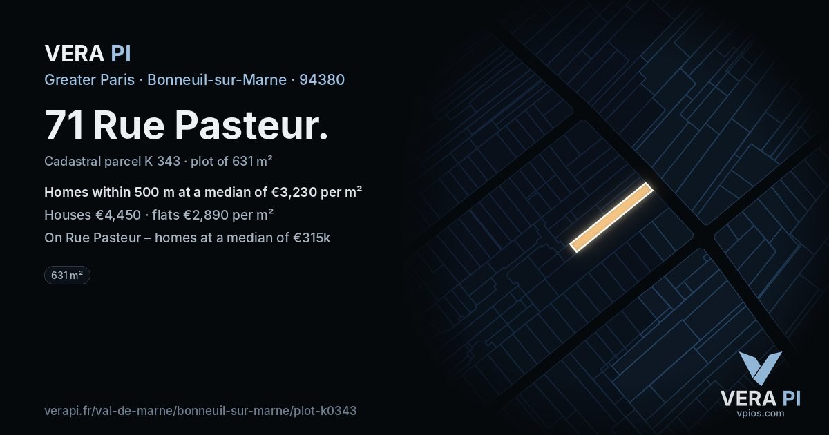 71 Rue Pasteur, Bonneuil-sur-Marne at night – the plot lit, the parcels around coloured by the prices near them