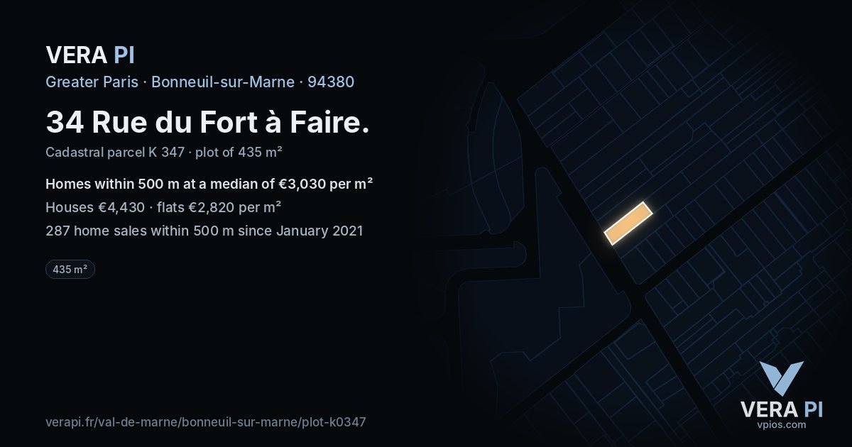 34 Rue du Fort à Faire, Bonneuil-sur-Marne at night – the plot lit, the parcels around coloured by the prices near them