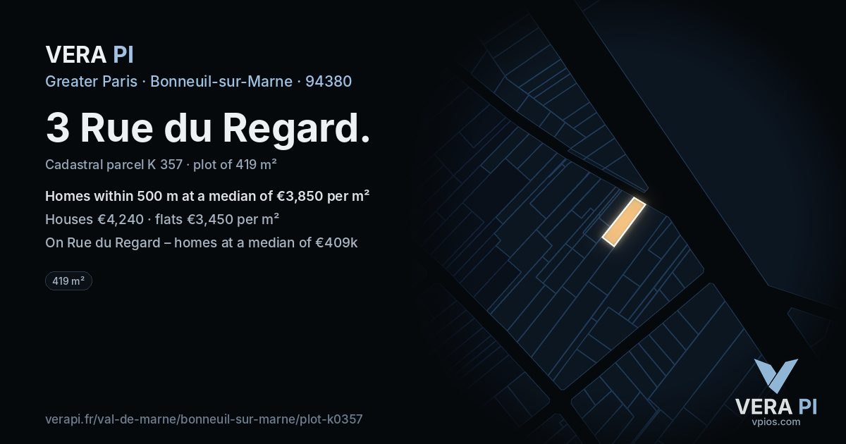 3 Rue du Regard, Bonneuil-sur-Marne at night – the plot lit, the parcels around coloured by the prices near them
