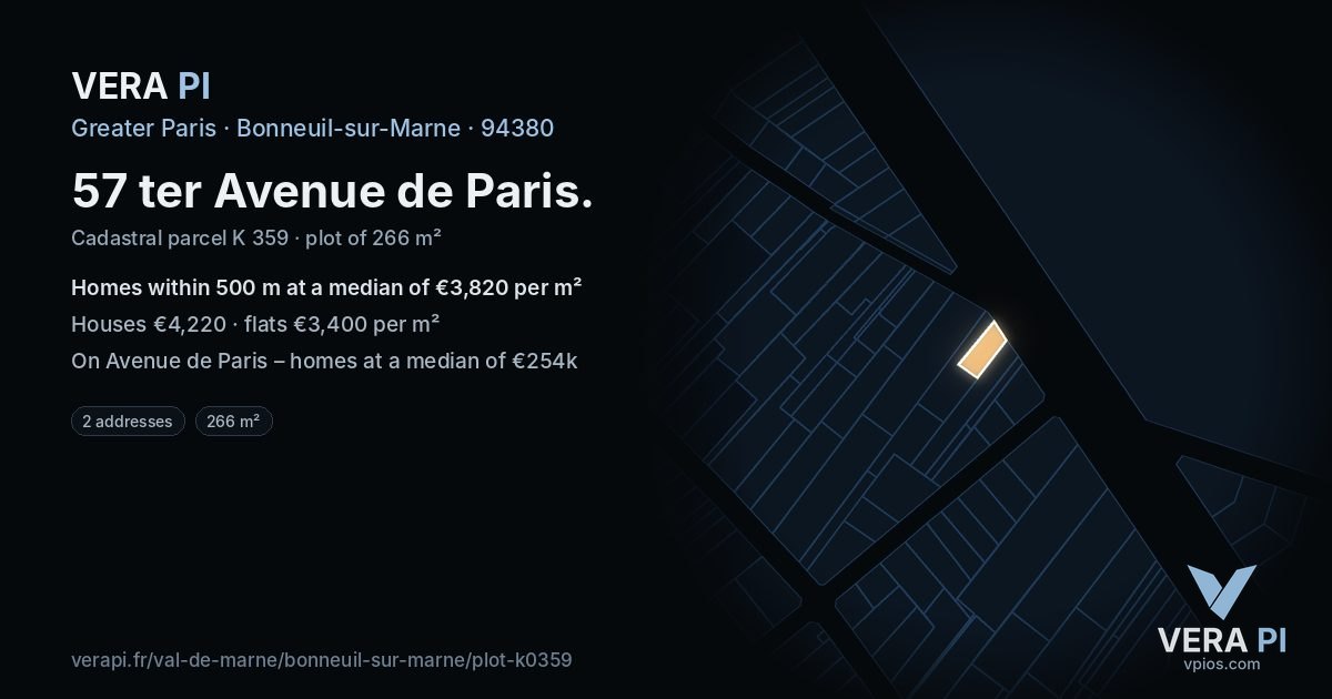 57 ter Avenue de Paris, Bonneuil-sur-Marne at night – the plot lit, the parcels around coloured by the prices near them