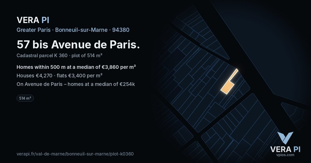 57 bis Avenue de Paris, Bonneuil-sur-Marne at night – the plot lit, the parcels around coloured by the prices near them