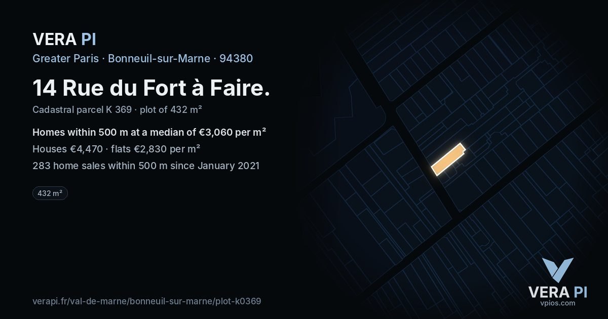 14 Rue du Fort à Faire, Bonneuil-sur-Marne at night – the plot lit, the parcels around coloured by the prices near them